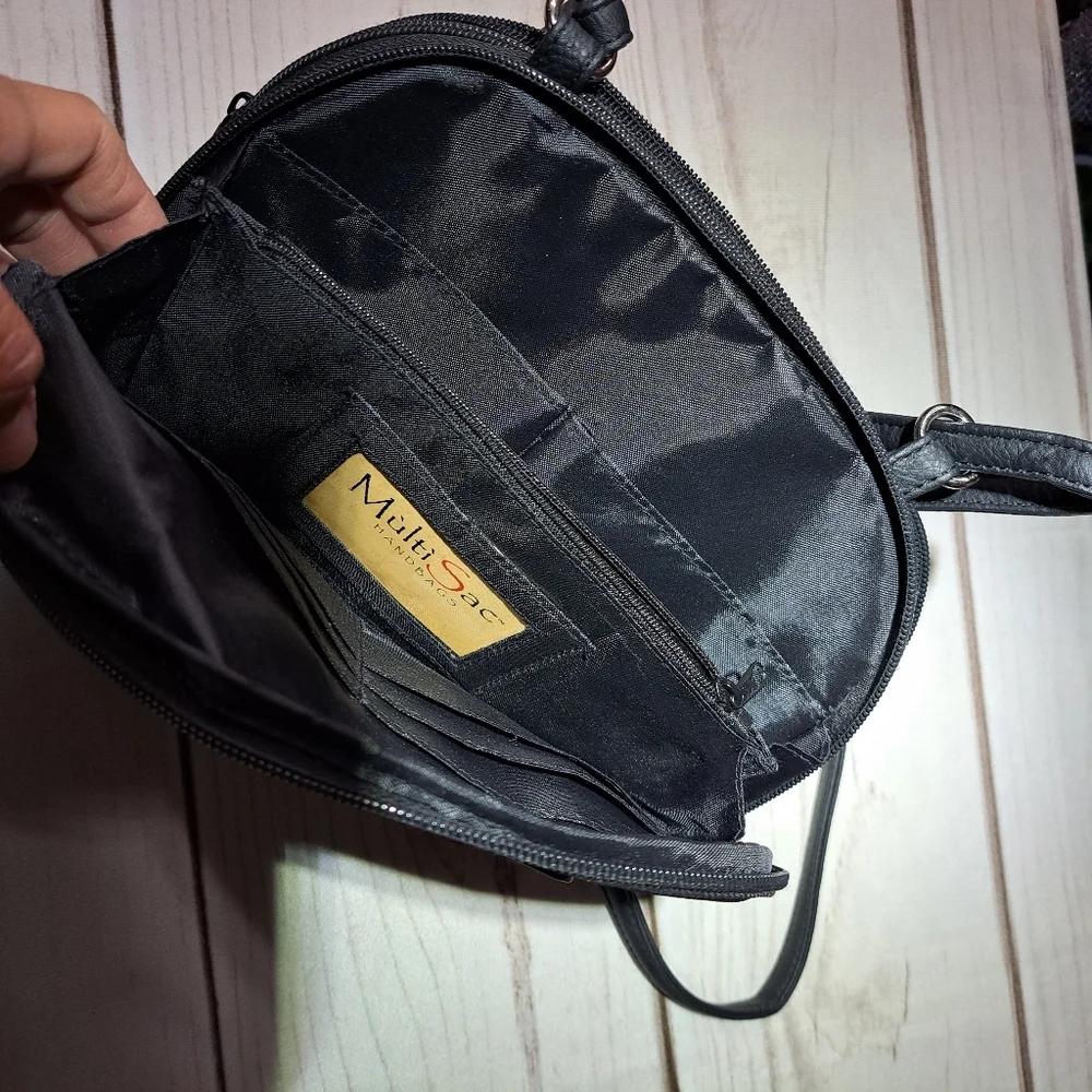 Multisac Black And Blue Pin Stripe Crossbody Purse Lots Of Pockets